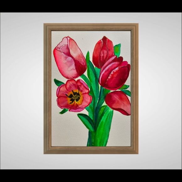 Tulips Watercolor Flowers Tulip Painting Colorful Original Art Gift Idea 6x8.5 - Picture 6 of 6